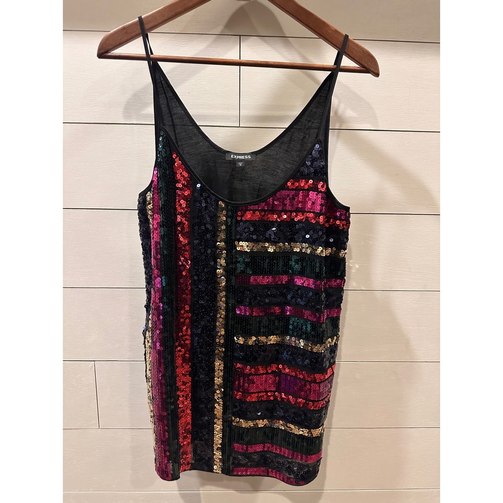 Express Womens Sequin Camisole Tank Top Multi Color Striped Party Sparkle Large